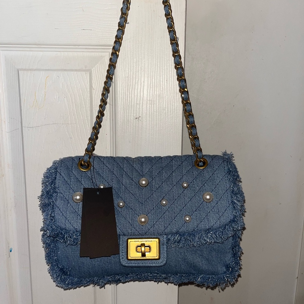 Karl Lagerfeld Denim Pearl-Embellished Shoulder Bag - Blue